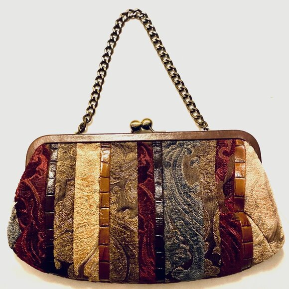 Fossil Boucle Tapestry HandBag Brass Chain Strap Kiss Lock Croc Embossed Trim - Picture 2 of 8